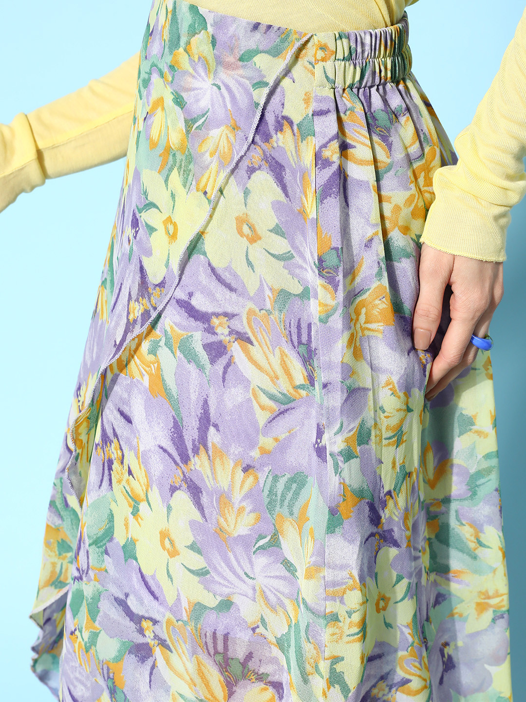 Women Purple & Yellow Georgette Floral Print Tulip Hem Skirt - Image 2