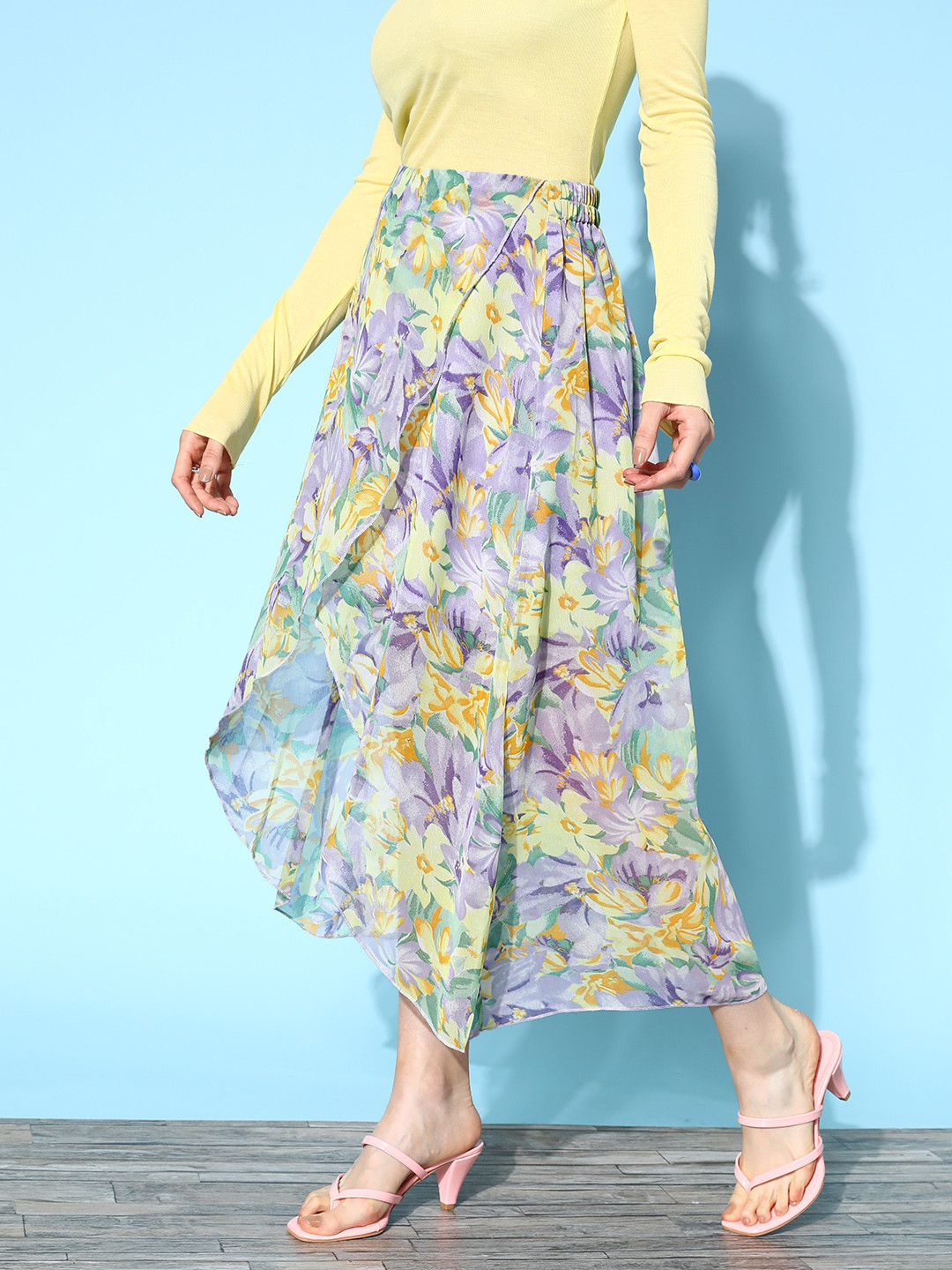 Women Purple & Yellow Georgette Floral Print Tulip Hem Skirt - Image 5
