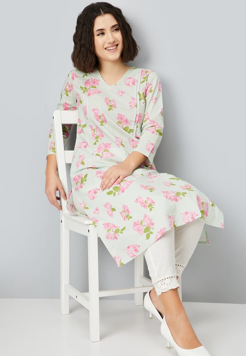 Women Floral Print Straight Kurta with Pleated Detail