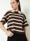 Women Striped Boxy Johnny Collar T-shirt