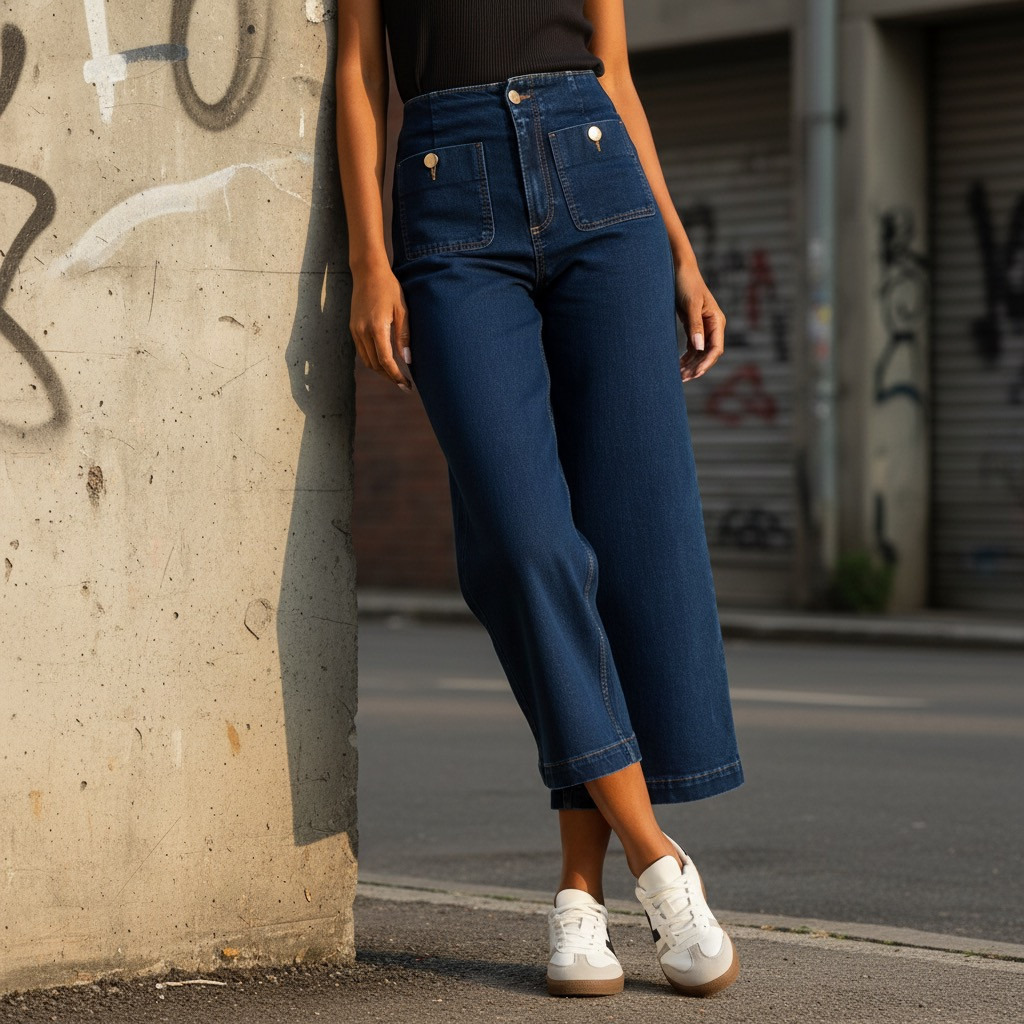 Buttoned Pocket Wide Leg Jeans