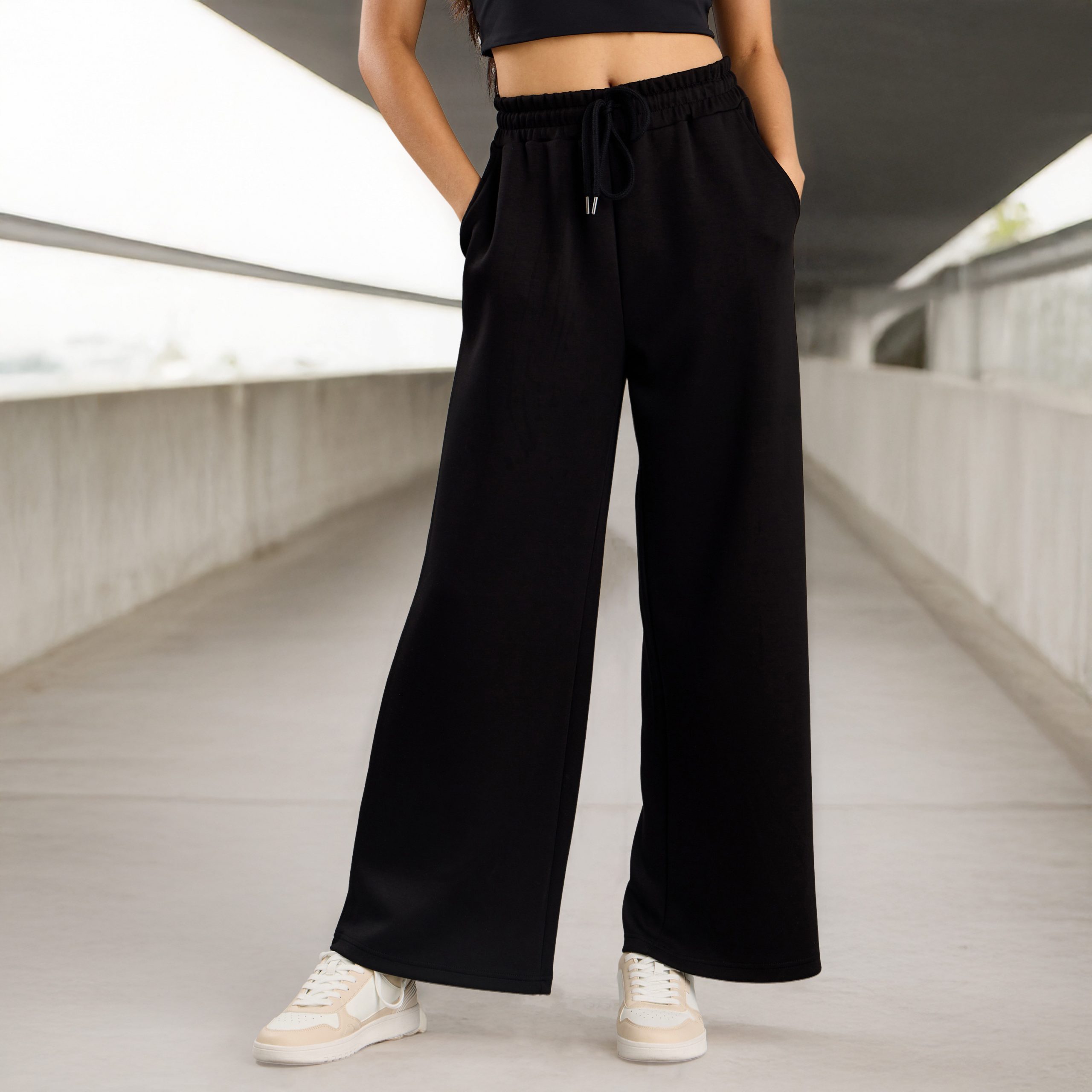 Plain Wide Leg Track Pants with Drawstring Closure