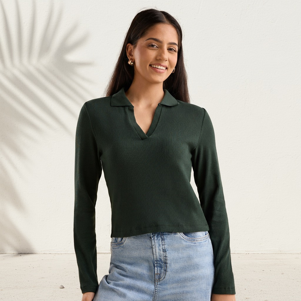 Ribbed Crop Polo T-shirt for Women – Trendy & Comfortable Casual Top