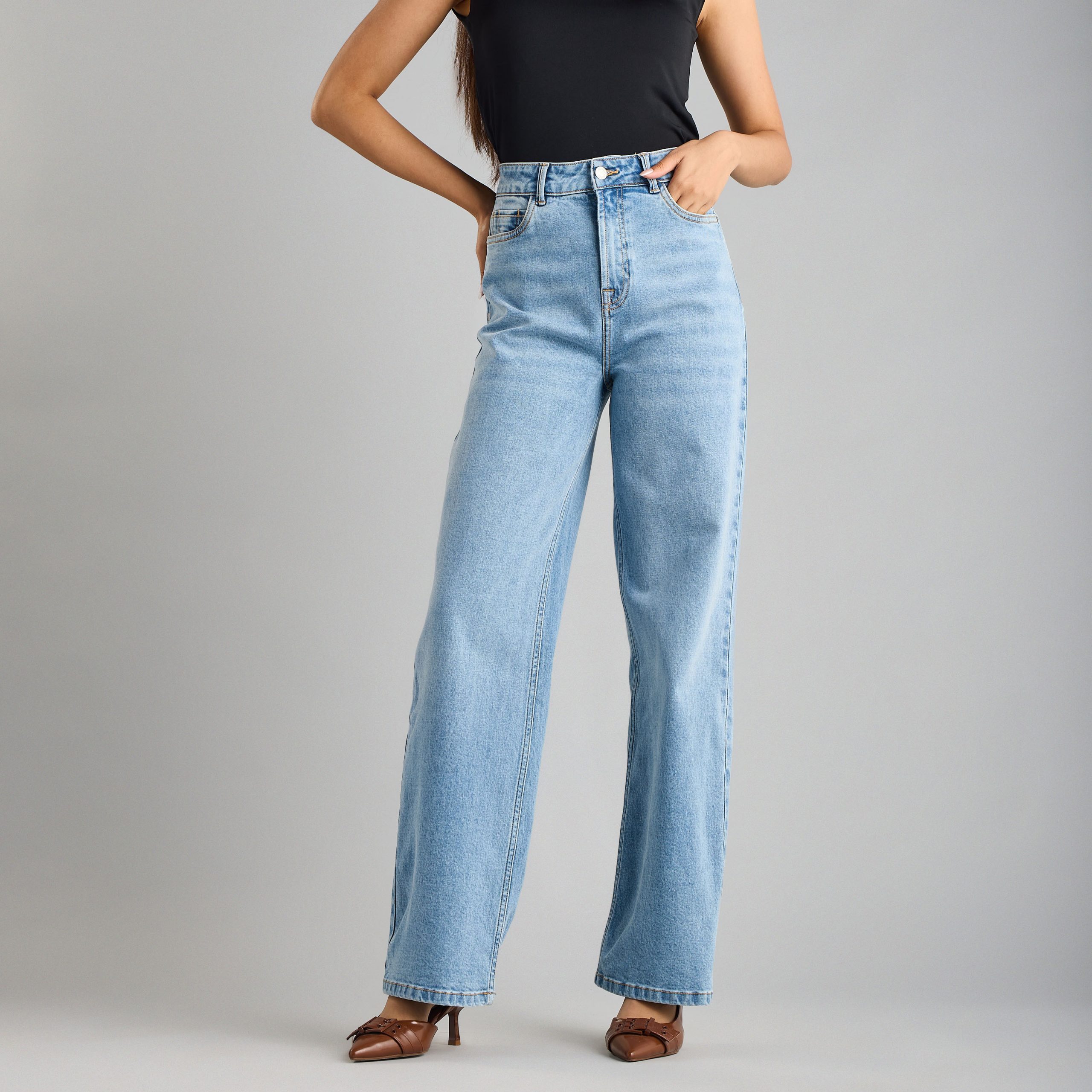 Plain Stretchable Wide Leg Jeans